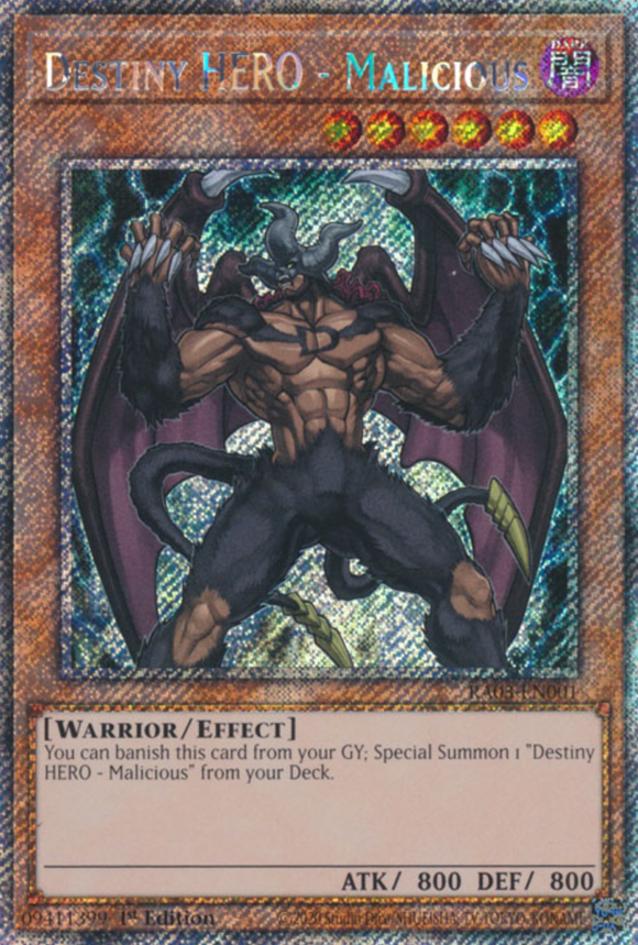Destiny HERO - Malicious - RA03-EN001 - Platinum Secret Rare 1st Edition