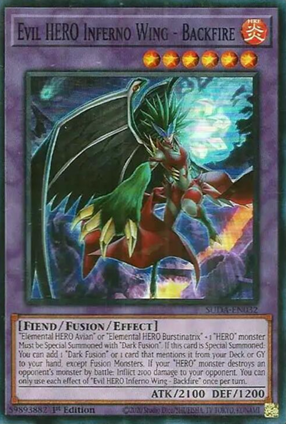 Evil HERO Inferno Wing - Backfire - SUDA-EN032 - Super Rare 1st Edition